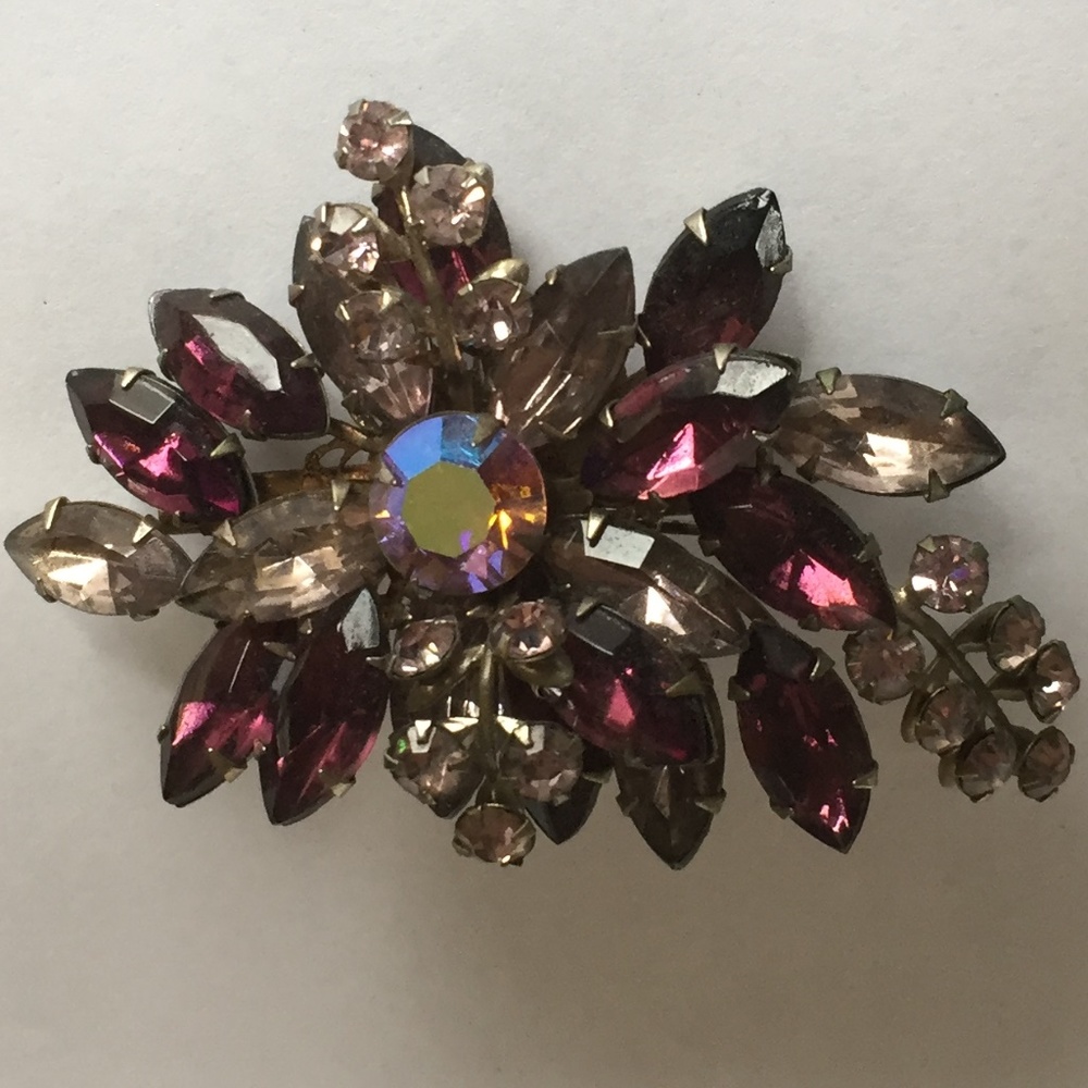 Vintage metal pin with purple and pink rhinestones